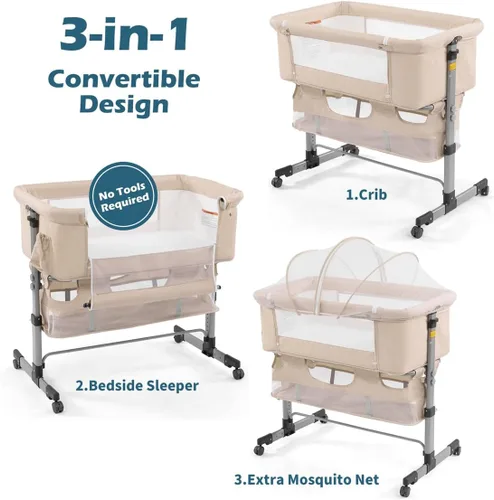 Miniatura 7 de Soobaby Cuna para bebé, cuna 3 en 1, cama portátil ajustable para bebé, cuna para recién nacido, cama imprescindible para bebé, color caqui