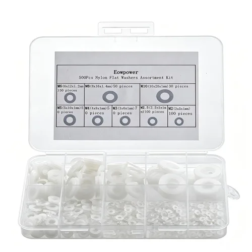 Kit surtido de arandelas planas de nailon blanco de 500 piezas para tornillo M2 M2.5 M3 M4 M5 M6 M8 M10 | Para uso mecánico y eléctrico M2 M2.5 M3