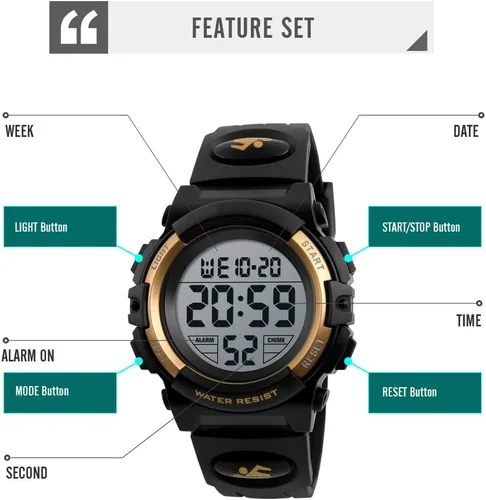 Miniatura 3 de Dayllon Reloj digital para niños, deportes al aire libre, 164.0 ft, impermeable, relojes electrónicos, despertador, 1224 H, cronómetro, calendario