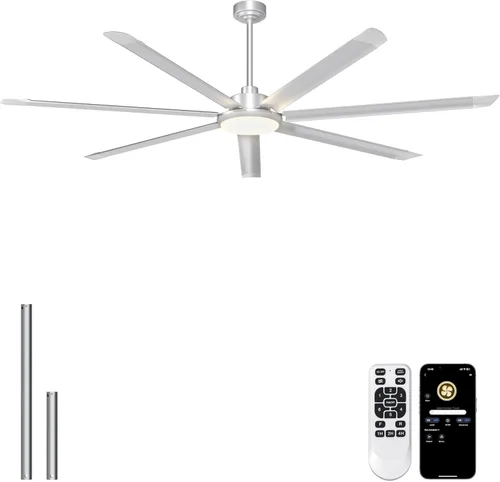 Miniatura 11 de Ohniyou Ventilador de techo de 60 pulgadas sin luz, ventilador de techo industrial plateado con control remoto/aplicación, aspas de aluminio, motor