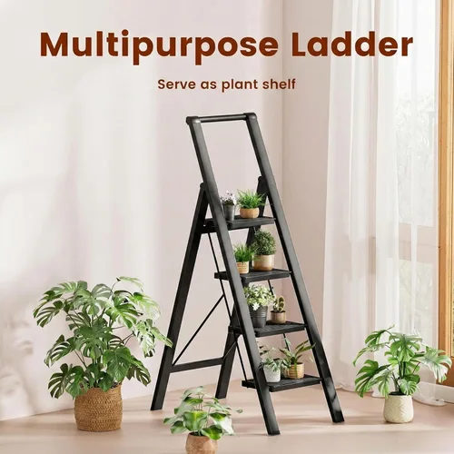 Miniatura 8 de Escalera Plegable de Hierro de 4 Escalones Taburete Escalón con Antideslizante y Pedal Ancho para Uso en el Hogar y la Cocina Ahorro de Espacio Negro