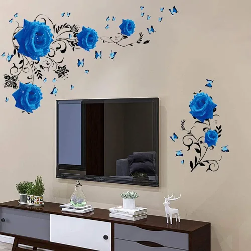 Miniatura 4 de Supzone Calcomanías de pared de rosas azules, diseño de flores y vides, decoración de pared floral de peonía azul, arte mural de vinilo