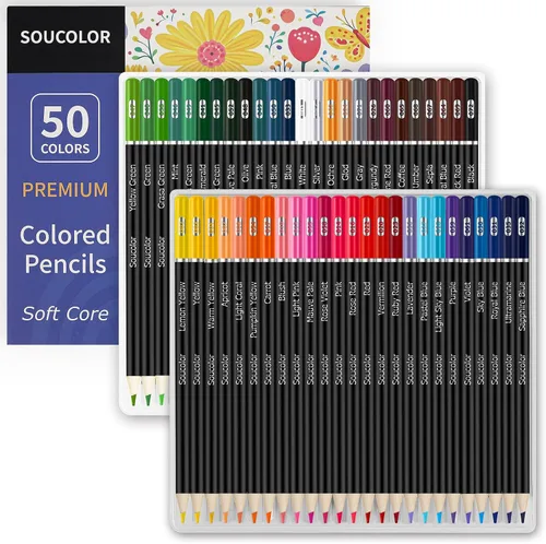 Soucolor 50 lápices de colores - Suministros de arte premium para adultos Libro para colorear | Colores vibrantes, escritura suave, fácil de mezclar