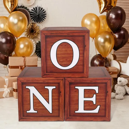 Miniatura 9 de Cajas de globos de primer cumpleaños para niño o niña con letras "ONE" individuales, tres cajas cuadradas blancas transparentes para decoración