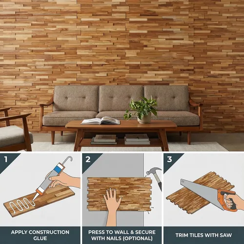 Miniatura 2 de Bare Decor EZ-Wall - Azulejo de mosaico 3D en madera maciza de teca, juego de 10 azulejos de acabado natural