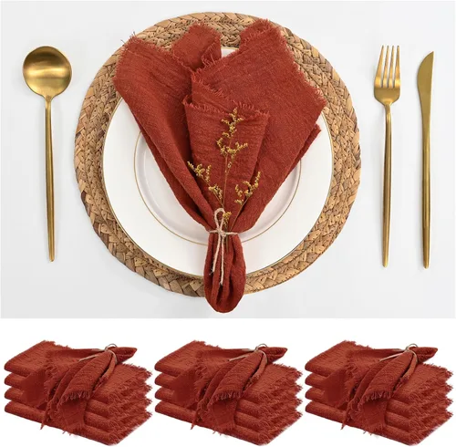 Miniatura 29 de Paquete de 12 servilletas de lino y algodón beige de 16 x 16 pulgadas, hechas a mano con flecos, servilletas de tela suave, lavables y rústicas