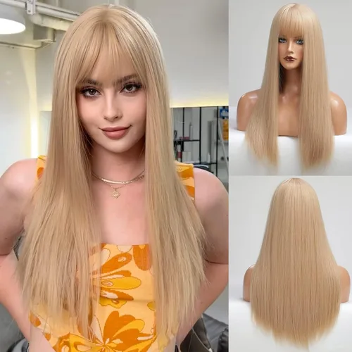 Miniatura 7 de EMMOR - Peluca rubia clara con flequillo para mujer, peluca larga y recta sintética para niñas, ideal para cosplay y uso diario