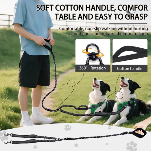 Miniatura 3 de Correa doble duradera para perros, correa para dos perros, sin enredos, con asas acolchadas y tiras reflectantes para perros medianos y grandes