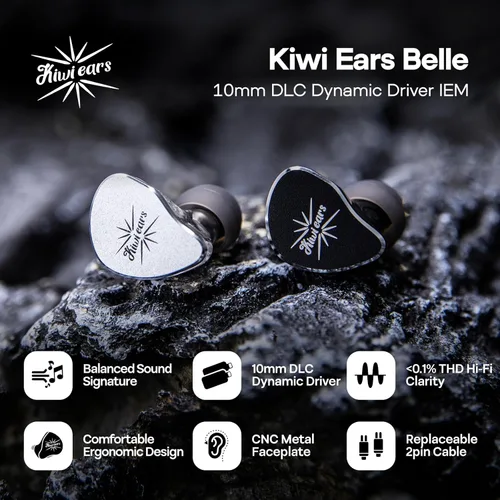 Miniatura 2 de Linsoul Kiwi Ears Belle 10 mm DLC controlador dinámico de 10 mm para monitorización intra-auricular, auriculares HiFi con cable con cables dobles