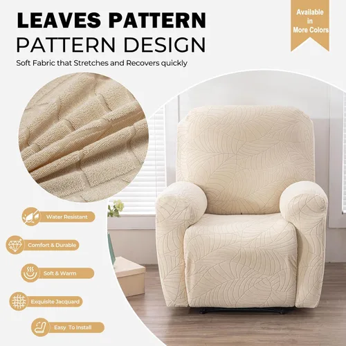 Miniatura 2 de vctops Funda repelente al agua para silla reclinable de 4 piezas con bolsillo lateral, diseño de hojas de jacquard, elástica, suave, protector