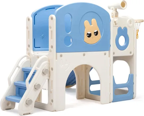 Miniatura 3 de NYEEKOY Juego de tobogán y escalador 8 en 1 para niños pequeños, parque infantil con escaleras, túnel, telescopio, almacenamiento, aro de baloncesto
