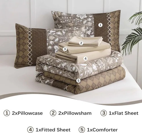 Miniatura 6 de WONGS BEDDING Juego de edredón marrón tamaño Queen, juego de 7 piezas en una bolsa con diseño de patchwork floral, juego de sábanas Queen