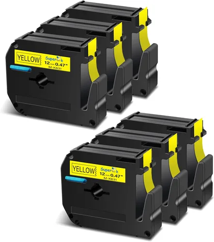 USUPERINK 6PK - Cinta de etiquetas M compatible con Brother P-Touch M, color negro sobre amarillo, 0.47 pulgadas x 26.2 pies, M-K631 M631 MK631