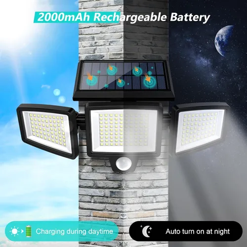 Miniatura 4 de Tuffenough - Luces solares para exteriores, 2500 lm, 210 luces LED de seguridad con control remoto, 3 cabezales de luces con sensor de movimiento