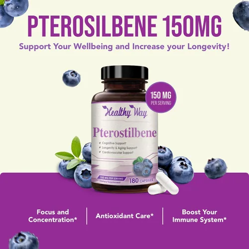 Miniatura 3 de Suplemento de pterostilbeno de 150 mg – Suplemento antioxidante una vez al día para un envejecimiento saludable para la piel y el cerebro inmune