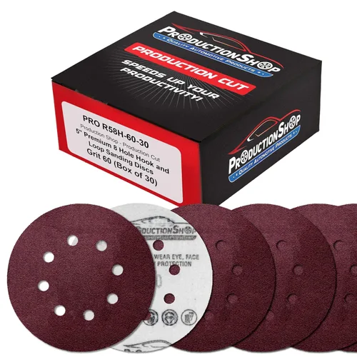 Miniatura 8 de ProductionShop Discos de lijado de grano 40 con patrón rojo de 8 agujeros de 5 pulgadas, caja de 30, papel de lija sin polvo con respaldo de gancho