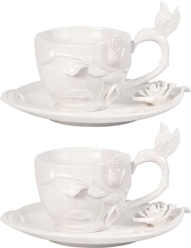 Miniatura 7 de KAMMAK - Juego de 2 tazas de té y platillos, tazas de café de porcelana, tazas de espresso apilables de 6.8 onzas, demitasses de cerámica para café