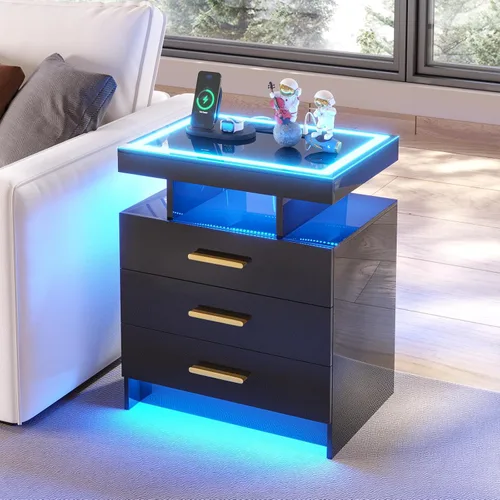 Miniatura 9 de HNEBC Mesita de noche LED con estación de carga, mesita de noche inteligente con luces de sensor de movimiento, 3 cajones, parte superior de vidrio