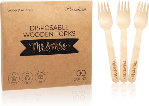 Miniatura 3 de Platos y tenedores de madera desechables Mr. and Mrs