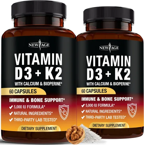 NEW AGE Vitamina D3 5,000 UI + K2 MK-7 100 mcg - 2 en 1 hueso, apoyo inmunológico y cardíaco, fácil de tragar, sin OMG - 120 cápsulas