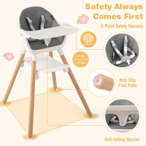 Miniatura 5 de BABY JOY Silla alta para bebé, silla alta convertible 6 en 1 de madera para bebés y niños pequeños con patas ajustables, doble bandeja extraíble