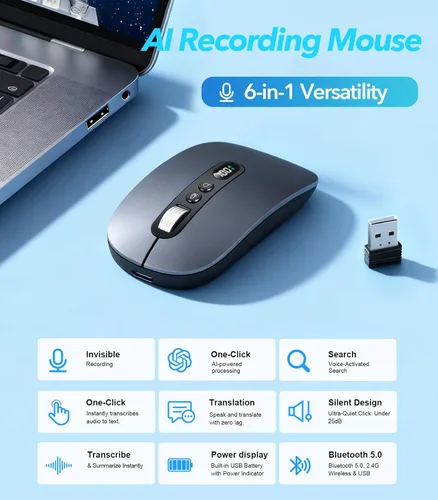 Miniatura 2 de Ratón inalámbrico AI con grabadora de voz y audio, mouse Bluetooth inalámbrico para MacBook/PC/portátil, diseño silencioso, USB-C recargable de 2.4