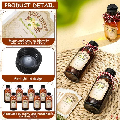 Miniatura 3 de Uiifan 8 piezas botellas de extracto de vainilla Boston redondas con tapas, botella de vidrio y 8 piezas etiquetas de extracto de vainilla