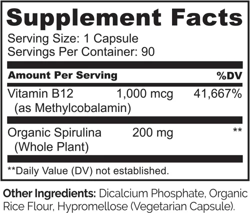 Miniatura 3 de NATURELO B12 vegano - Metil B12 con espirulina orgánica - Vitamina B12 de alta potencia 1000 mcg metilcobalamina - Apoya el estado de ánimo