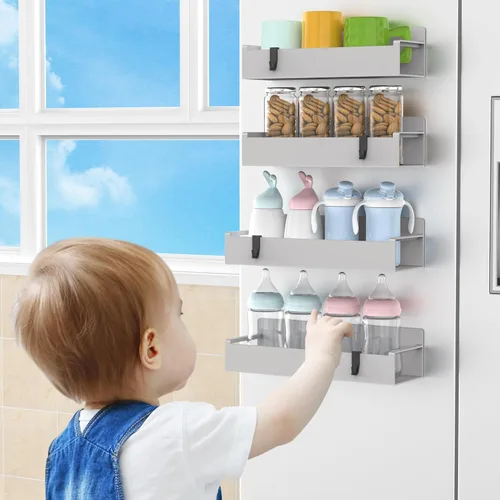 Miniatura 7 de HuggieGems Paquete de 4 organizadores magnéticos para especias para refrigerador y horno, organizadores de nevera gris claro y almacenamiento