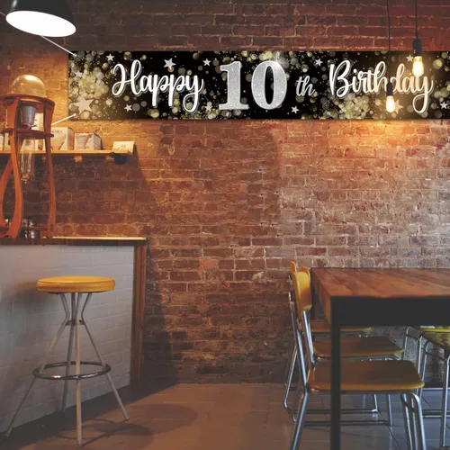 Miniatura 3 de Decoraciones de feliz cumpleaños número 10, globo de estrella de ensueño negro y plateado grande cartel colgante de cumpleaños, suministros