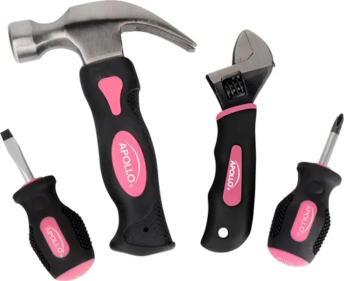 Apollo Tools - Juego de herramientas cortas de 4 piezas para manos pequeñas y espacios reducidos. Conveniente y compacto juego de herramientas Rosa