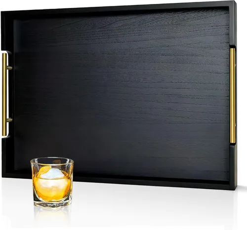 Miniatura 7 de Bandeja de madera de acacia de 22 pulgadas con asas de metal, bandeja otomana rectangular grande de madera, diseño decorativo y duradero para sala