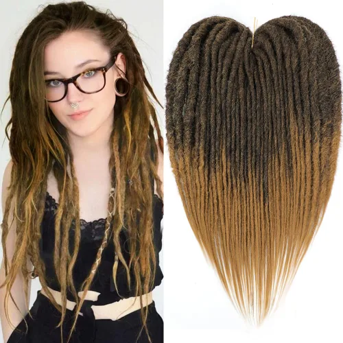 Miniatura 9 de Extensiones de rastas rectas sintéticas de doble extremo, 24 pulgadas, 5 hebras de 0.5 in de ancho, suaves de color negro a marrón oscuro