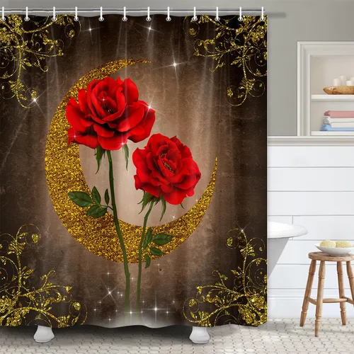 Miniatura 21 de JAWO Cortina de ducha con diseño de rosas, románticas flores y rosas rojas reflejadas en el agua, cortina de baño de tela, cortina de baño negra