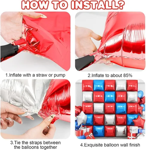 Miniatura 8 de Globos de aluminio cuadrados rojos, azules y plateados, kit de 25 globos de doble cara para fondo, túnel de helio, arco, guirnalda para el 4 de Rojo