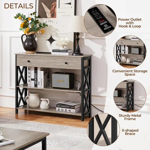 Miniatura 9 de Yaheetech Soporte de TV con tomas de corriente, centro de entretenimiento con cajón, mesa consola multimedia para TV de hasta 45 pulgadas con Gris