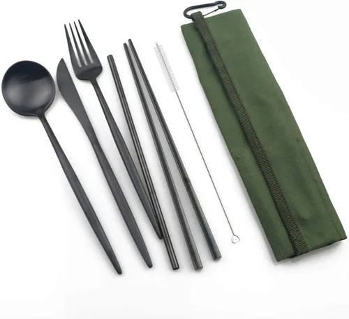 Miniatura 8 de Juego de 6 cubiertos portátiles de acero inoxidable 304, tenedor, cuchara, palillos, pajita de metal, cepillo de limpieza, juego de cubiertos
