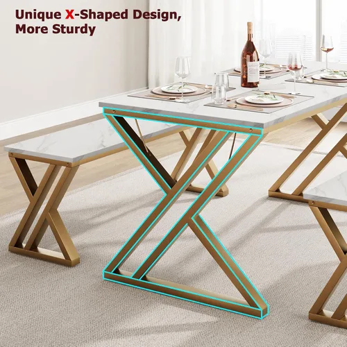 Miniatura 4 de GarveeHome Mesa de cocina con 2 bancos, juego de mesa de comedor para 4 personas con mesa de mármol sintético, juego de mesa de comedor que ahorra