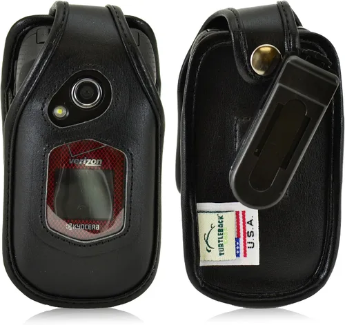 Turtleback Funda ajustada para Kyocera DuraXV Flip Phone Negro Cuero Giratorio Clip de Cinturón Desmontable