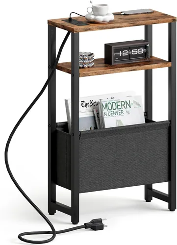 Miniatura 13 de Mesa auxiliar estrecha, mesa auxiliar delgada con estante para revistas, mesa auxiliar para espacios pequeños, mesa auxiliar de 3 niveles para sofá