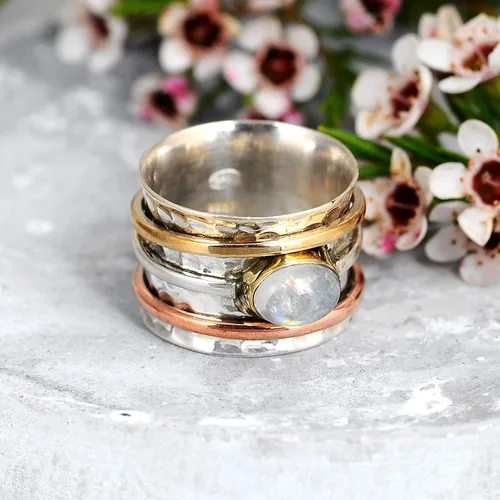 Miniatura 4 de Boho-Magic Anillo giratorio de plata de ley 925 con piedra lunar para mujer con cobre y latón