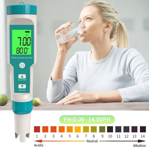 Miniatura 5 de Medidor de pH, 7 en 1 pH/TDS/EC/ORP/S.G/Medidor de salinidad/temperatura con medidor de pH ATC, medidor de agua de alta precisión de resolución