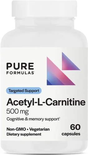 PureFormulas Acetil L-carnitina apoyo cognitivo y de memoria L Carnitina Suplemento para cerebro, concentración y calma Alcar, 500 mg sin lácteos