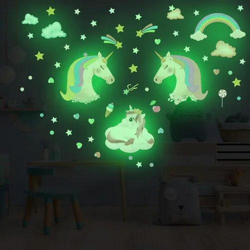 Miniatura 3 de Adhesivos de unicornio que brillan en la oscuridad, calcomanías de puntos y estrellas removibles para techo, adhesivo de arcoíris luminoso para Arco