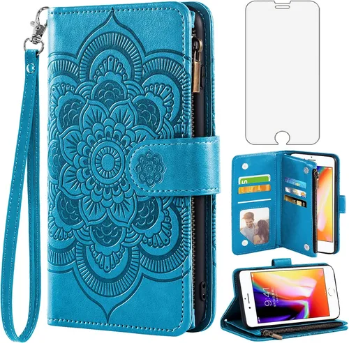 Asuwish Compatible con iPhone 7/8/SE 2020 Funda tipo cartera y protector de pantalla de vidrio templado con tapa para iPhone 7, iPhone8 i Phone7case