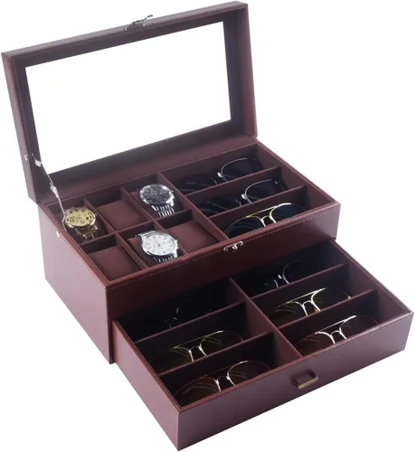 AUTOARK Caja de cuero y terciopelo para 6 relojes, caja de joyería y 9 piezas de almacenamiento para lentes de sol y gafas de sol, cajón organizador