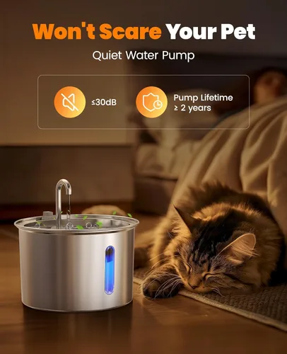 Miniatura 4 de oneisall Fuente de agua para gatos de acero inoxidable, fuentes de agua de 2 litros para gatos en interiores con bomba silenciosa y 3 filtros