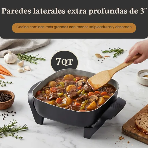 Miniatura 3 de Elite Gourmet Sartén eléctrica de cerámica sin PFAS, extra profunda de 12 x 12 x 3 pulgadas, menos salpicaduras, apto para lavavajillas, calor