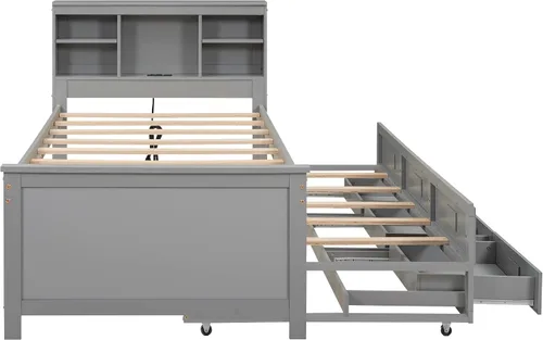 Miniatura 5 de Cama de plataforma de tamaño individual con cabecera de almacenamiento, cama nido individual y estación de carga, cama capitanes de madera de pino
