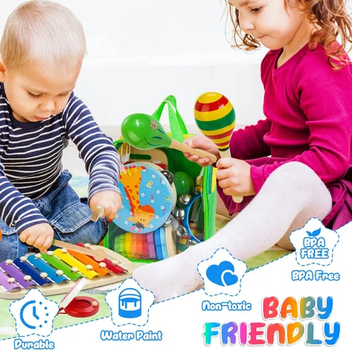 Miniatura 6 de Instrumentos musicales para niños, 12 piezas de juguetes musicales de madera para niños pequeños de 2 a 4 años con xilófono, maracas y pandereta